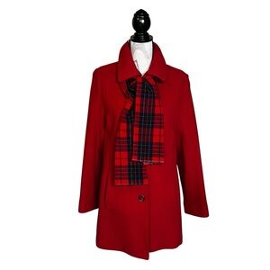 Vintage Fennelli Wool Viscose Blend Women’s Red Pea Coat with Plaid Scarf